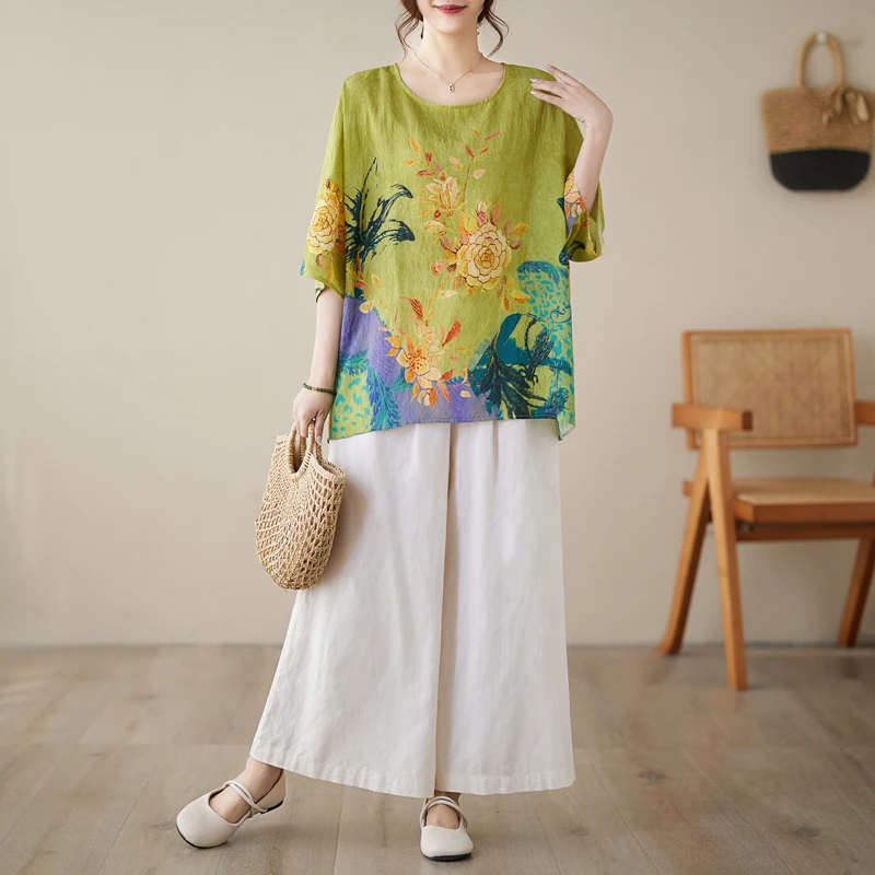 Женская футболка с цветочным принтом свободная повседневная коротким рукавом и