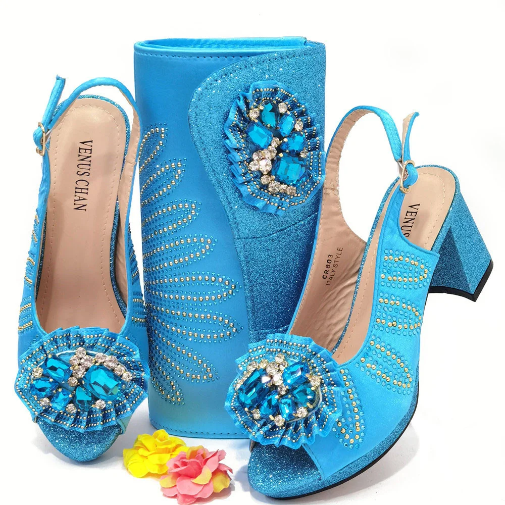 

Elegant Italian Design Sky Blue Cross Diamond Belt Decoration Simple And Versatile Everyday Wearable Party Ladies Shoes And Bag