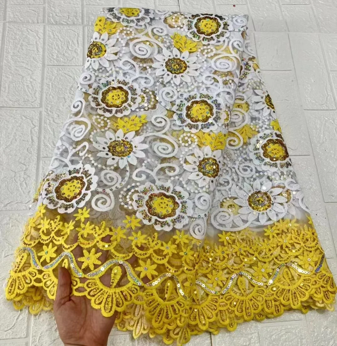 

Luxury YELLOW Sequence Lace Fabric African Nigerian Net Lace with Sequins French Tulle Mesh Lace For Nigeria Wedding Dress