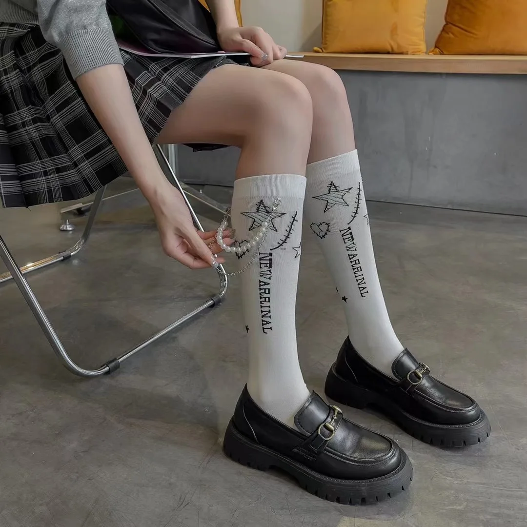 2023 New Spring Autumn Pearl Star Chain Middle Tube Socks Net Red Trendy JK Stocking Korea Students Cotton Sports Stockings