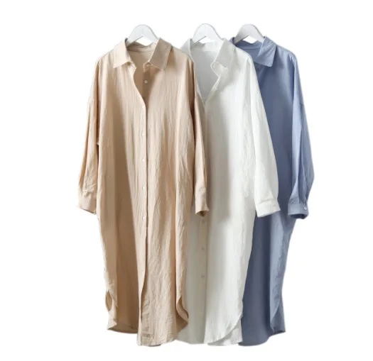 

2022NEW Women Long Shirt Dresses Cotton White Elegant Office lady Korean Fashion Loose Midi Blue Dress Spring Summer 2021