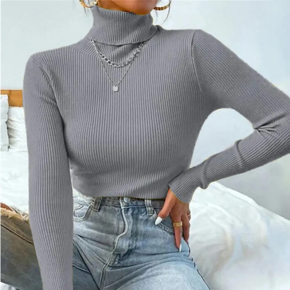 

Chic Turtleneck Elastic Winter Solid Color Slim Fit Warm Pullover Sweater Stretchy Knitwear Jumper Daily Clothing