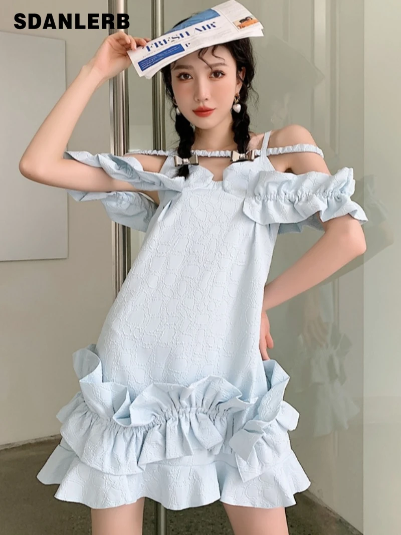 

French Style High-Grade Sweet Unique Strap Dress for Women Summer 2022 New Off-shoulder Solid Color Elegant Midi Dress