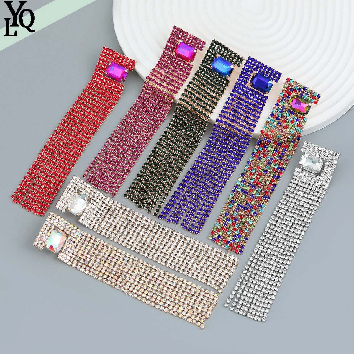 

2023 Summer Metal Multicolor Rhinestone Geometric Long Tassel Earrings Birthday Party Fashion Jewelry Accessories Charm Women