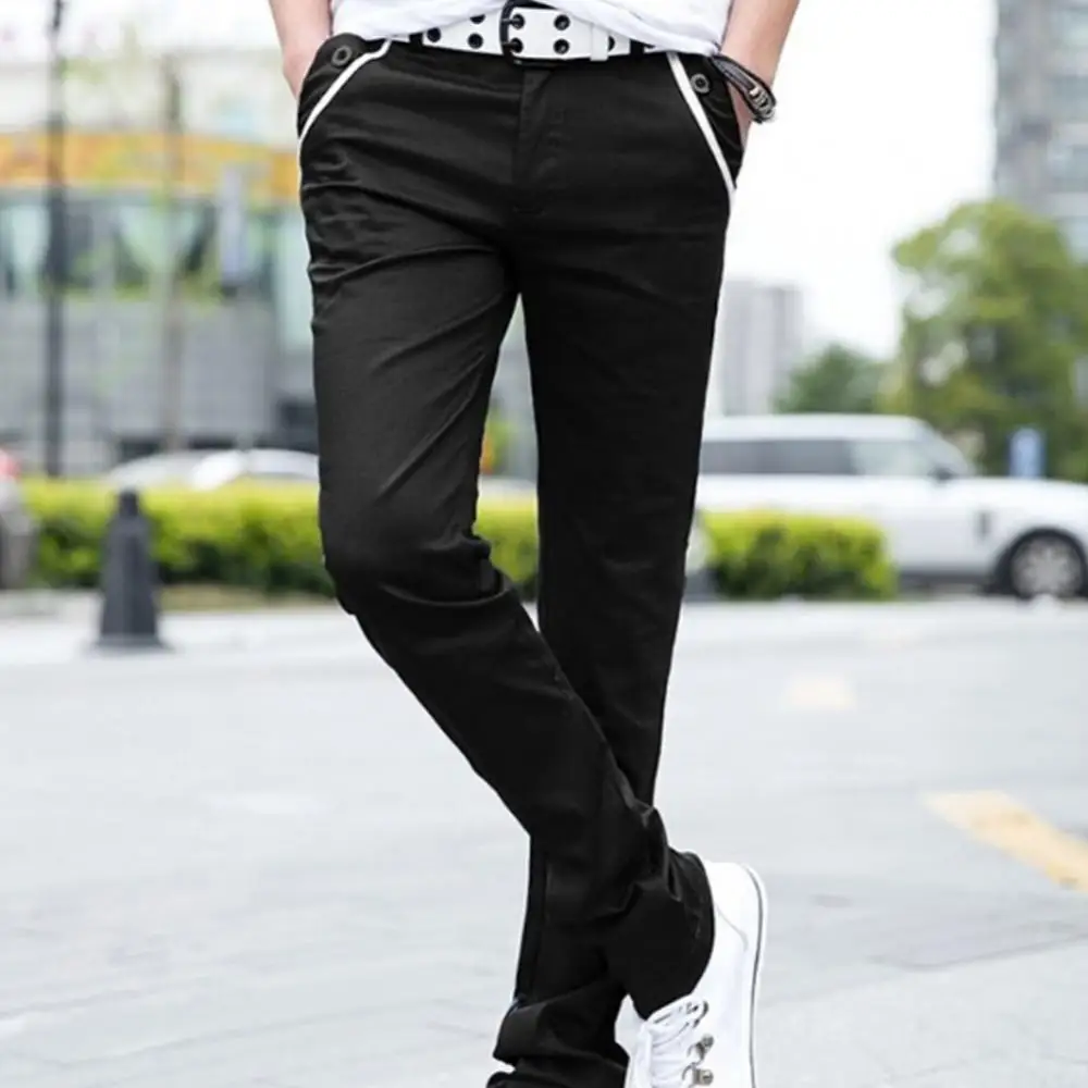 

Men Casual Solid Color Slim Fit Elastic Long Trousers Pockets Straight Pants