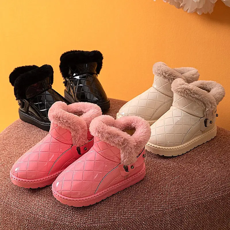 

Brand Girls Winter Snow Boots Waterproof Leather Sneakers Super Warm Kids Girl Boots Fashion Rivets Children Fur Shoes 2022