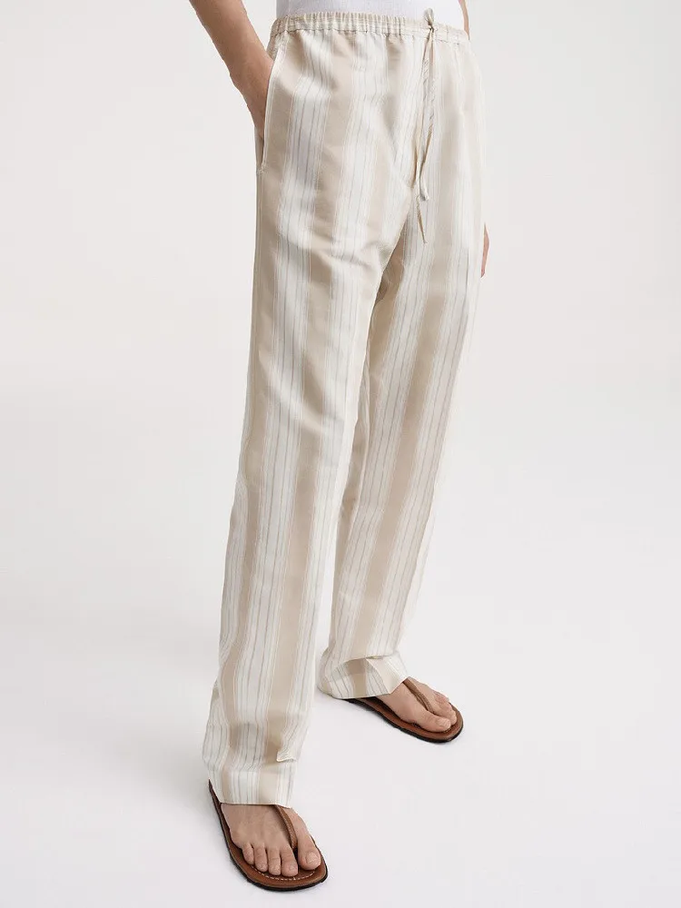 Women's Straight Long Pants Stripes Casual 2023 Spring Summer Elastic Waist Female Trousers with Pockets