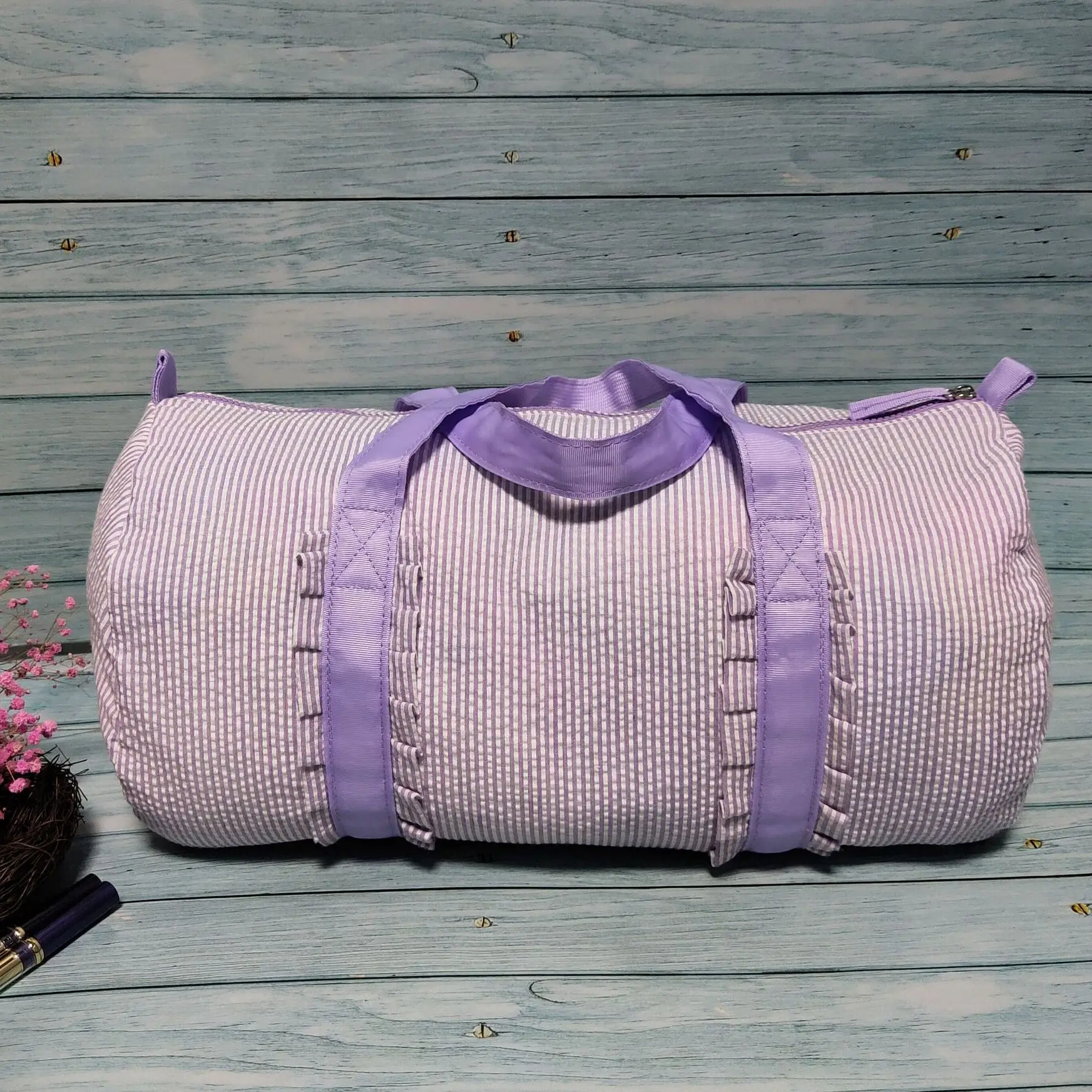 Kids Travel Bag Set Pink Seersucker Ruffle Duffle With Cosmetic Ruffle Bag For Girls Overnight Pouch Wash Bag Women Handbag 103