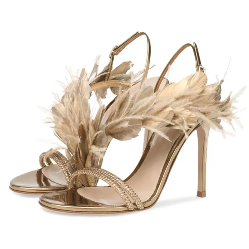 Feather Banquet High Heels Stiletto All-match Genuine Leather Rhinestone Sandals Sexy Open Toe Buckle Fashion Shoes For Women's