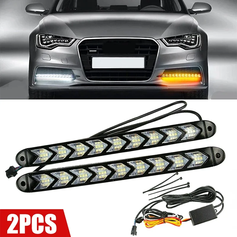 

2 шт. автомобильные светодиодные дневные ходовые огни гибкие фары с последовательным потоком желтый указатель поворота декоративные фары дальнего света 12 В