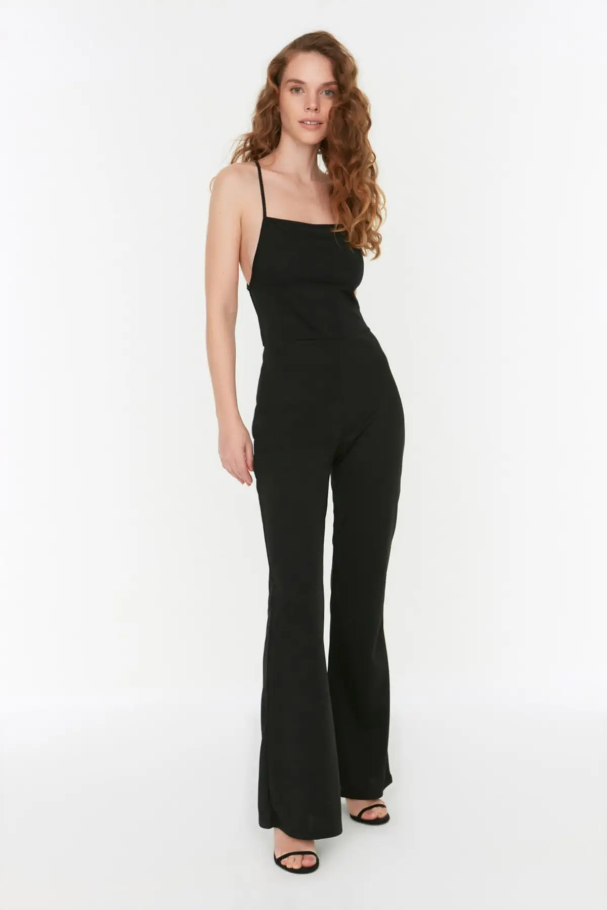 

Women's Overalls Black Flare Knitted Jumpsuit Hot Style Quality Fabric Sleeveless Baggy Trousers Casual Jumpsuit
