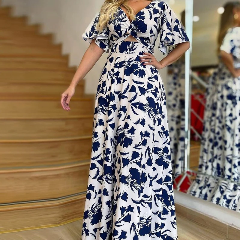 Ellafads Women Long Dress Printed Ruffle Mid Sleeve Cutout High Waist Long Skirt Maxi Beach Dresses