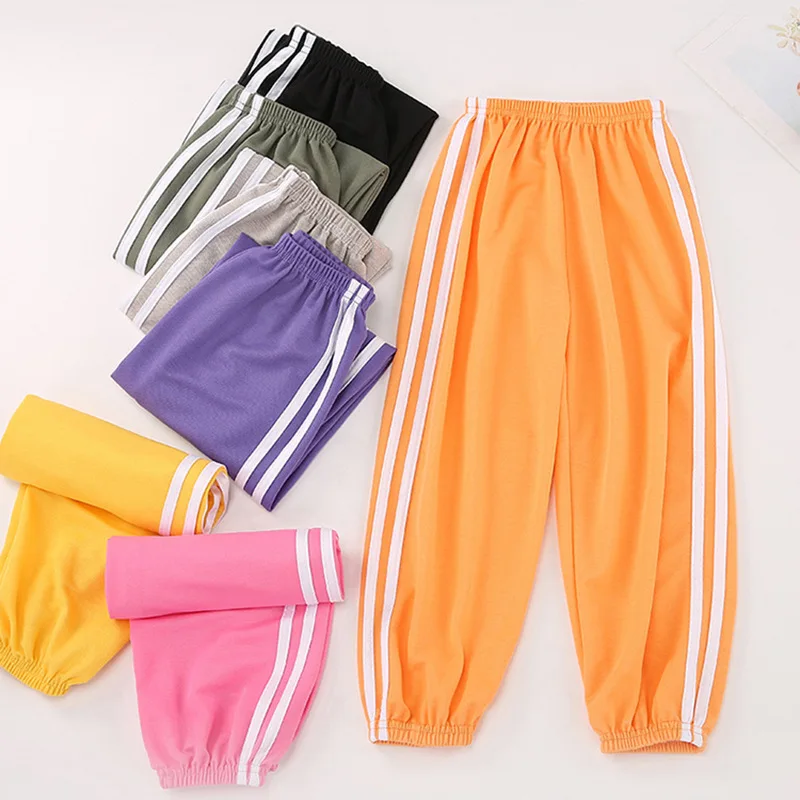 

Детские спортивные брюки-султанки конфетных цветов, летние брюки-султанки в стиле пэчворк для мальчиков и девочек, брюки для подростков с завязками и полосками по бокам, 2022