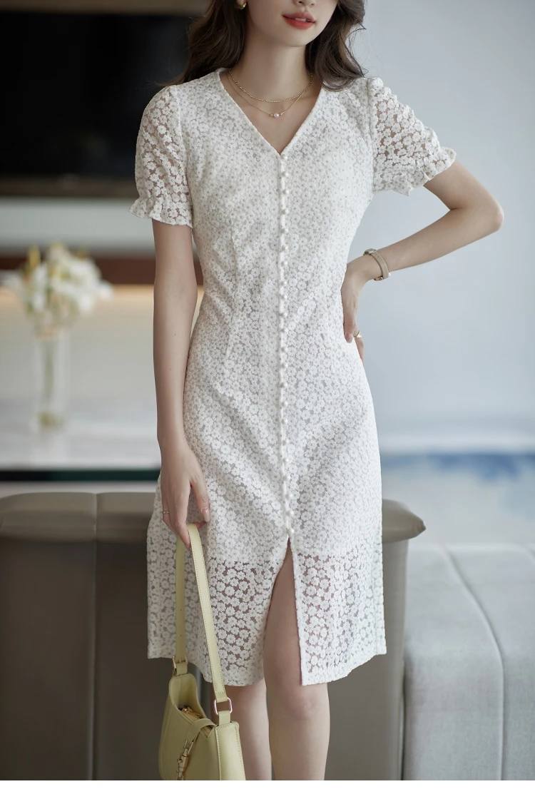 

2023 spring and summer women's clothing fashion new Lace Embroidery Slit Dress 0504