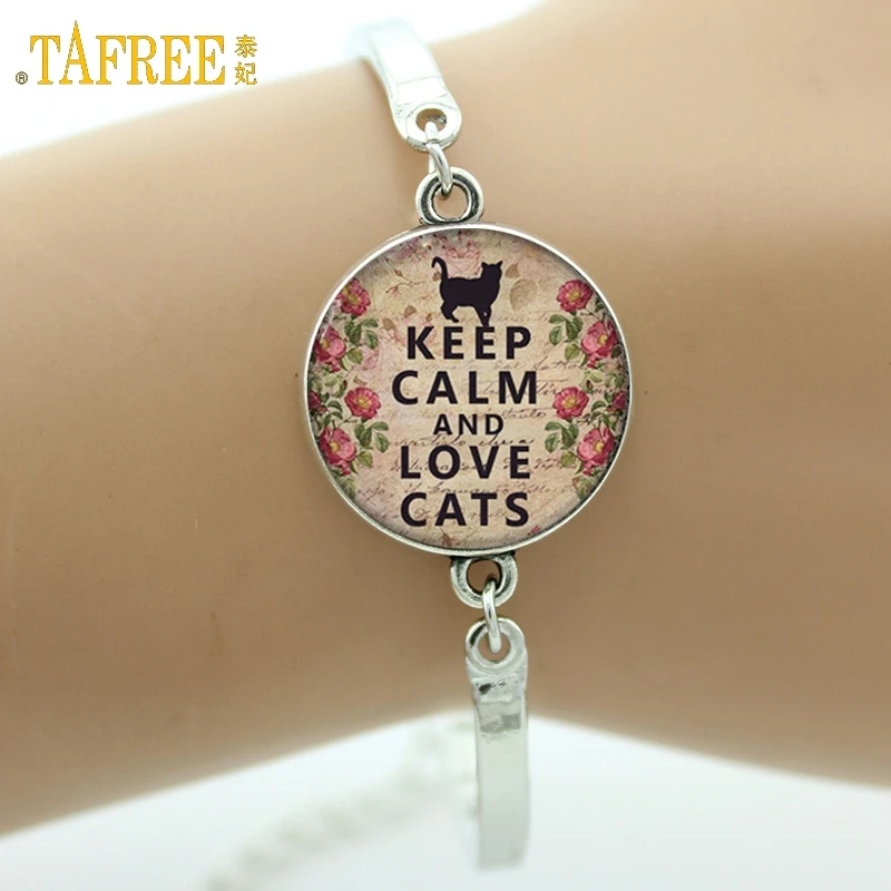 

TAFREE Brand Keep Calm and Love Cats Bracelet lovely quote charm Cat lover jewelry glass Cabochon Art picture bangle gifts D09