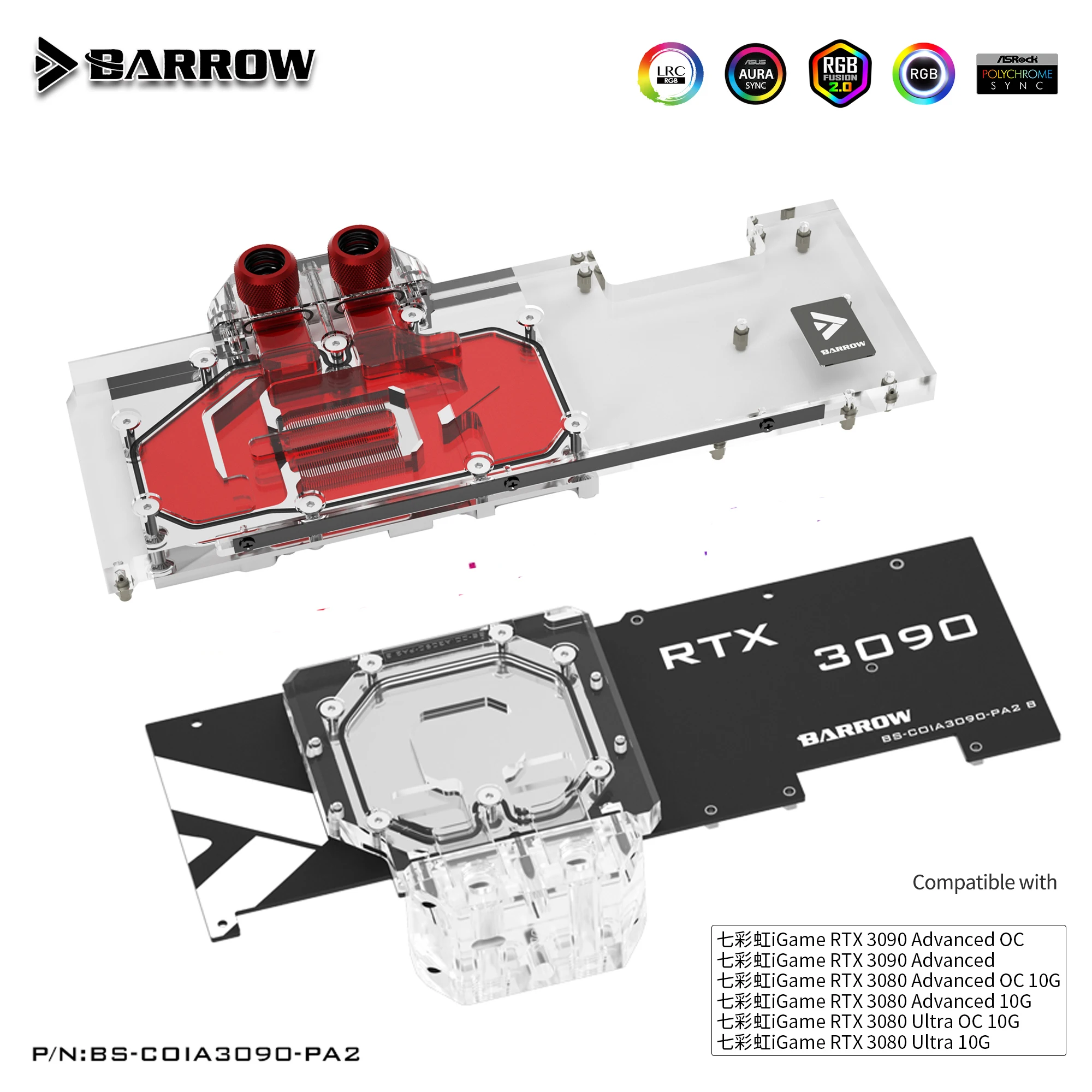 Barrow GPU Water Block Backplane for Colorful RTX 3090 3080 Advanced OC,Full Cover Water cooled Backplate,BS-COIA3090-PA2 B