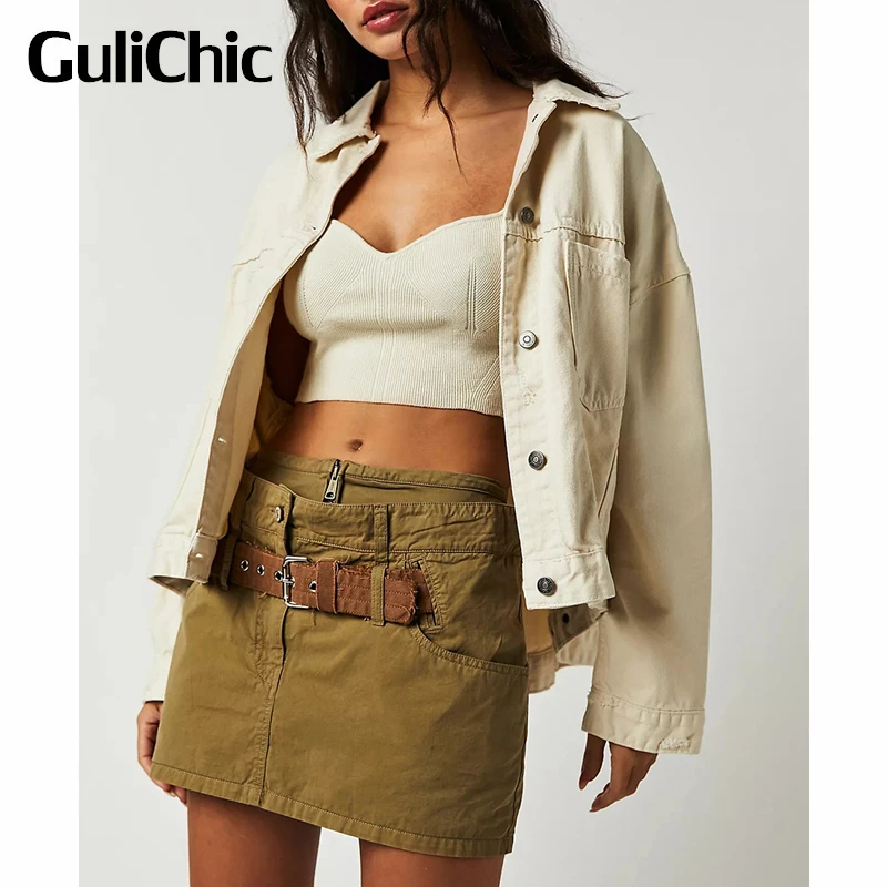 

3.21 GuliChic Fashion Cotton Zipper Belt Decoration Mini Skirt Women