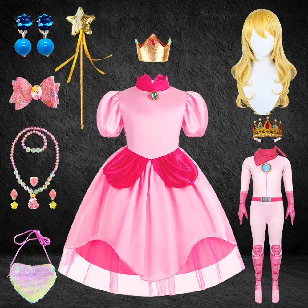

Halloween Carnival Party Girls Princess Peach Cosplay Costume Sleeping Beauty Aurora Dress Up Fancy Fairy Pink Onesies Jumpsuits