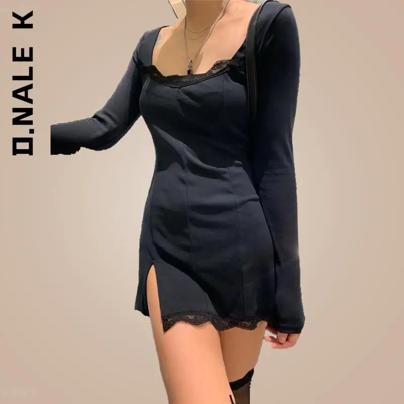 

D.Nale K Square Neck Lace Patchwork Bodycon Black Dress Women Elegant Cotton Fashion Side Split Autumn Dress Mini Ladies Basic