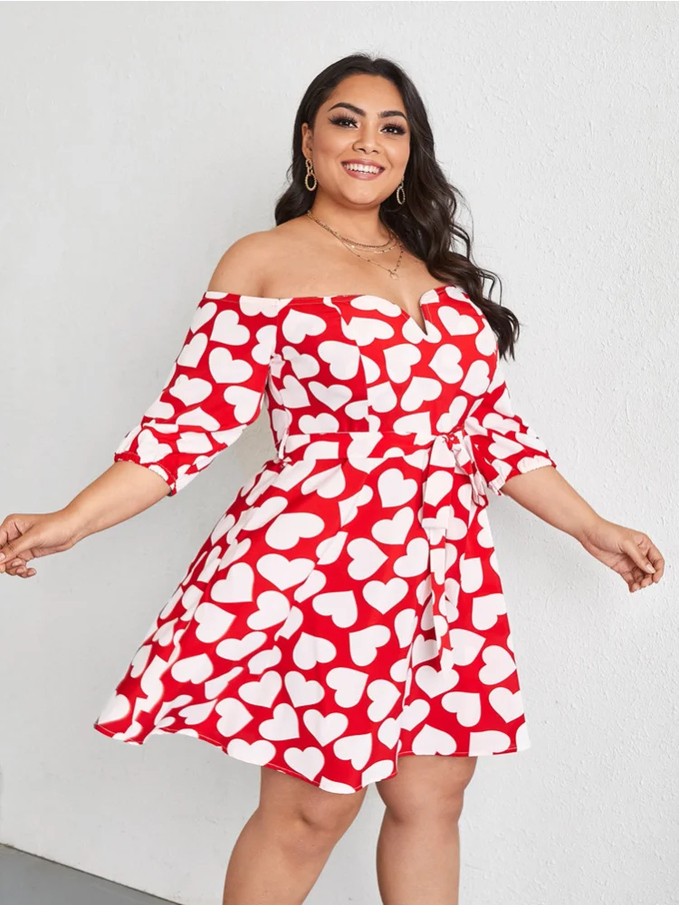 Oversized women's clothing fashion printing off shoulder dresses plus size outfits  party dress