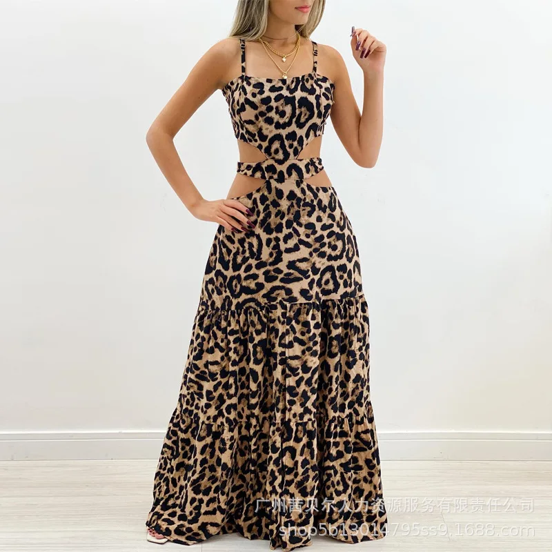 

Mandylandy Women Sexy Summer Leopard Print Cutout Waist Maxi Dress Fashion Hollow Out Strap Long Ruffle Dress Streetwear