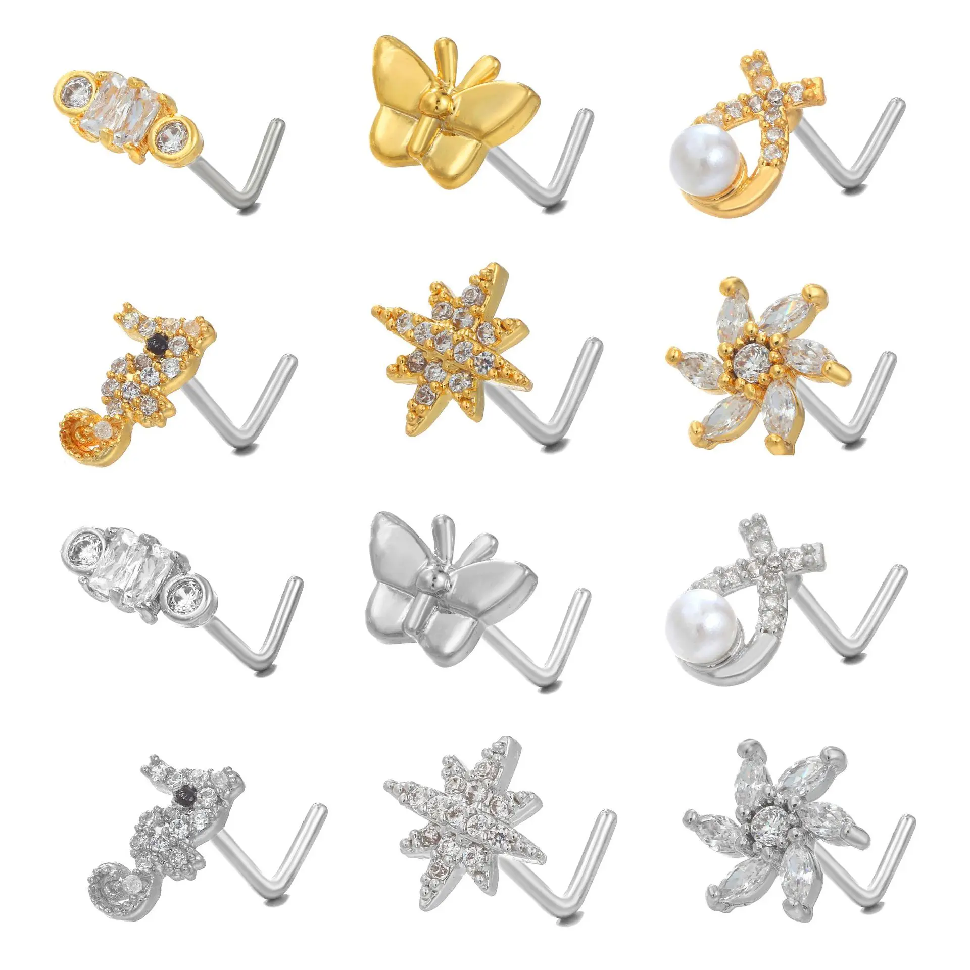 

1PC Flower Butterfly 20G Nose Stud L Shape Nose Ring Pearl CZ Nose Piercing Ring for Women Stainless Steel Nose Piercing Jewelry
