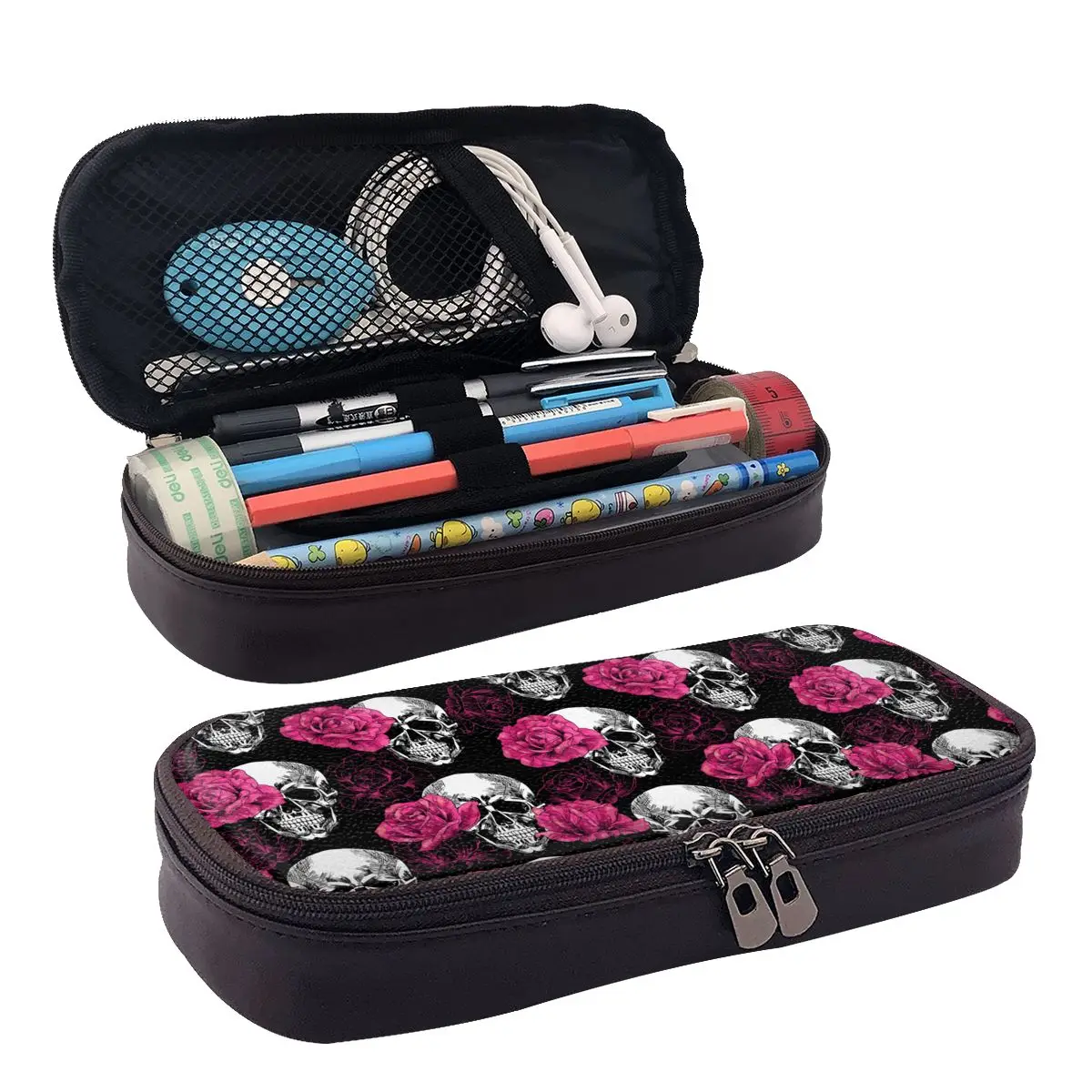 

Skulls-Flowers Leather Pencil Case Zipper Pencil Box Stationery Pen Pouch for Boys Girls School Students Work Office