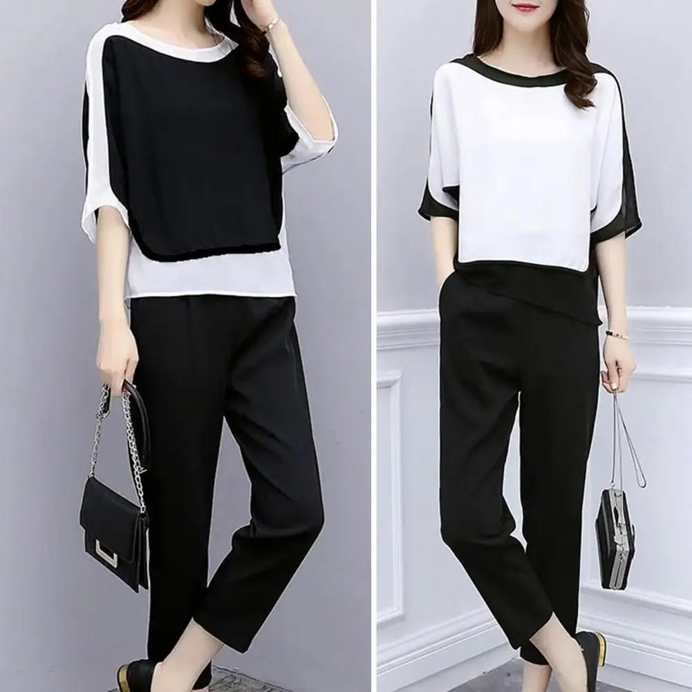 

2Pcs/Set Loungewear Suit 3D Cutting Casual Outfit Pockets Summer Top Straight Leg Cropped Pants Set Daily Garment