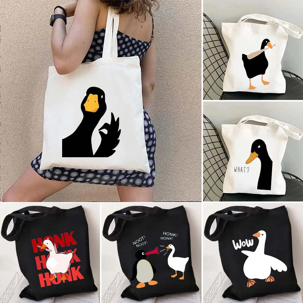 

Funny Honk Untitled Goose Game Hoppy Frog Pingu Duck Cartoon Animal Men Women Canvas Shoulder Handbag Tote Shopper Shopping Bags