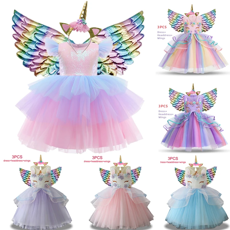 

Rainbow Unicorn Princess Dress For Children Embroidery Elegant Wedding Birthday Party Dress Ball Gowns Girls Hallowen Costume