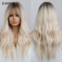emmor synthetic ombre blonde platinum wigs for women with bangs long wavy wig party daily heat resistant fibre hair wigs