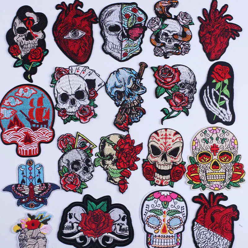 

Oeteldonk Skull Patches for Clothing Thermoadhesive Patches Punk Eyes Heart Iron on Embroidered Patch on Clothes Badges Stickers