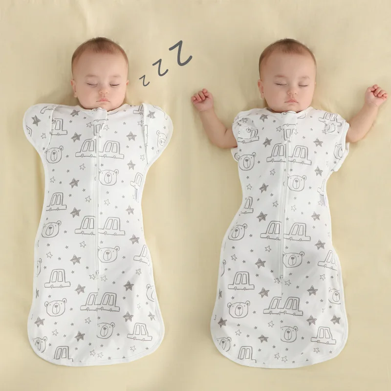 100% Cotton Baby Sleeping Bag Anti-startle Newborn Swaddle Wrap Blanket with Sleeve Cuff Baby Warm Quilt for All Seasons 0-12M
