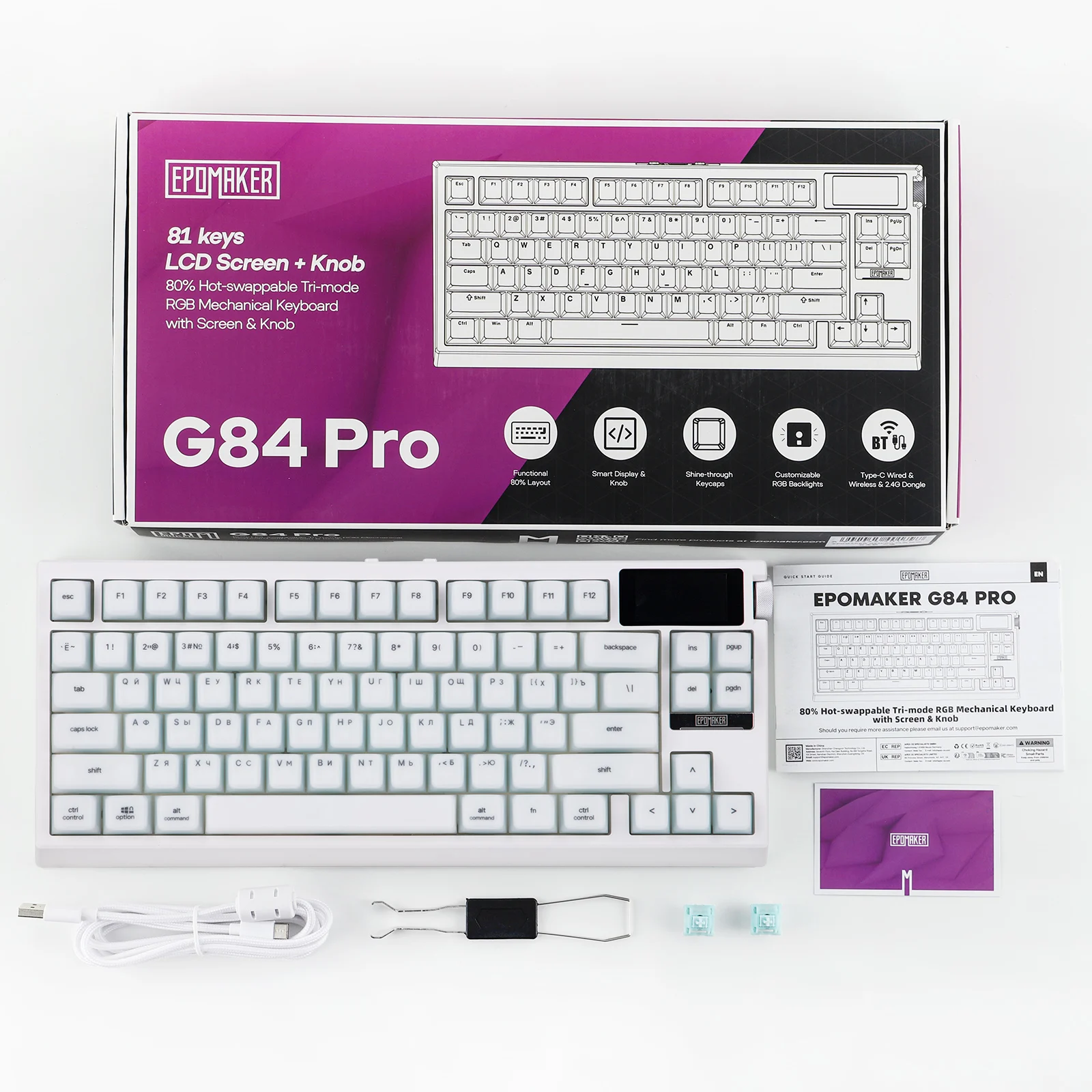 Русская раскладка EPOMAKER G84 PRO 80% русская QWERTY ANSI прокладочная механическая клавиатура провод Bluetooth 2.4Ghz (art.: 3920db73fc5c2) - 3920db73fc5c2