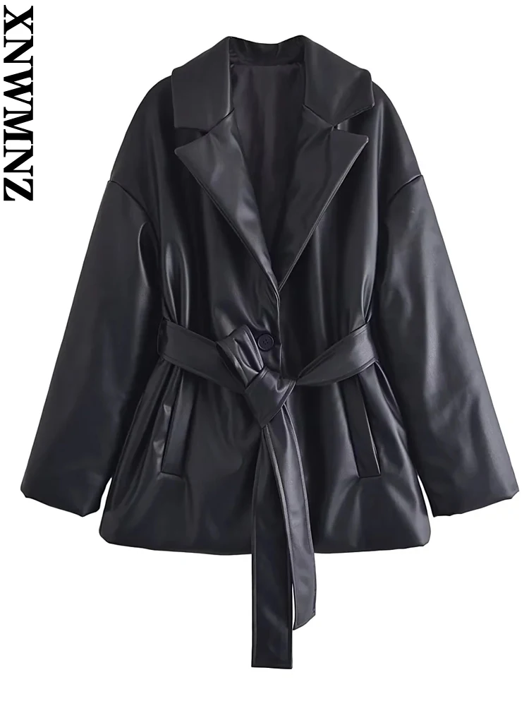 

XNWMNZ Women's Fashion Faux Leather Cotton Jacket with Belt Fall Winter Women Retro Lapel Long Sleeve Warm Jackets Coat 2022 new