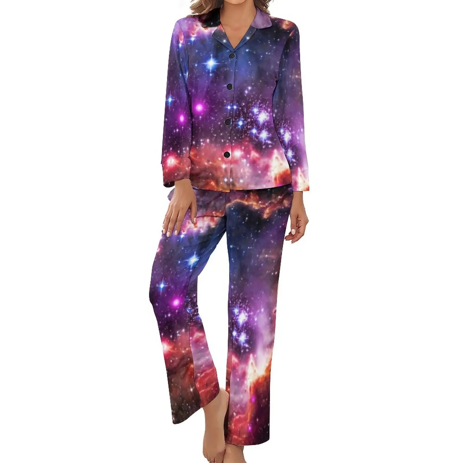 

Пижама Star Galaxy женская с принтом в виде космоса, одежда для сна в стиле ретро, весенние пижамные комплекты из 2 предметов с длинным рукавом и V-...