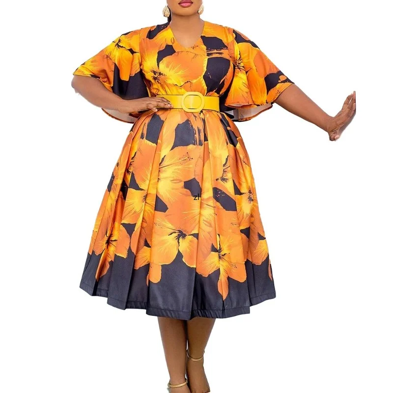 

2022 Summer Fashion African Women V-neck Polyester Printing Yellow Gray Flare Sleeve Knee-length Dress African Print Dresses