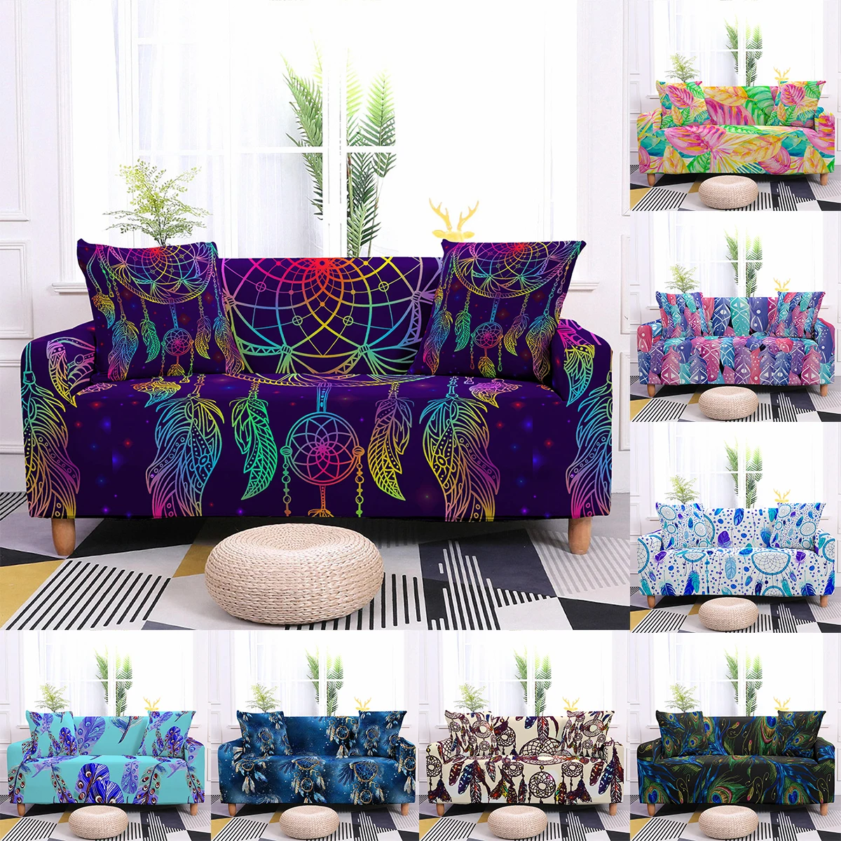 

Elastic Couch Cover Dreamcatcher Printed Sofa Cover Modern Corner Sofa Slipcover 1/2/3/4 Seat Stretch Sofa Cover for Living Room