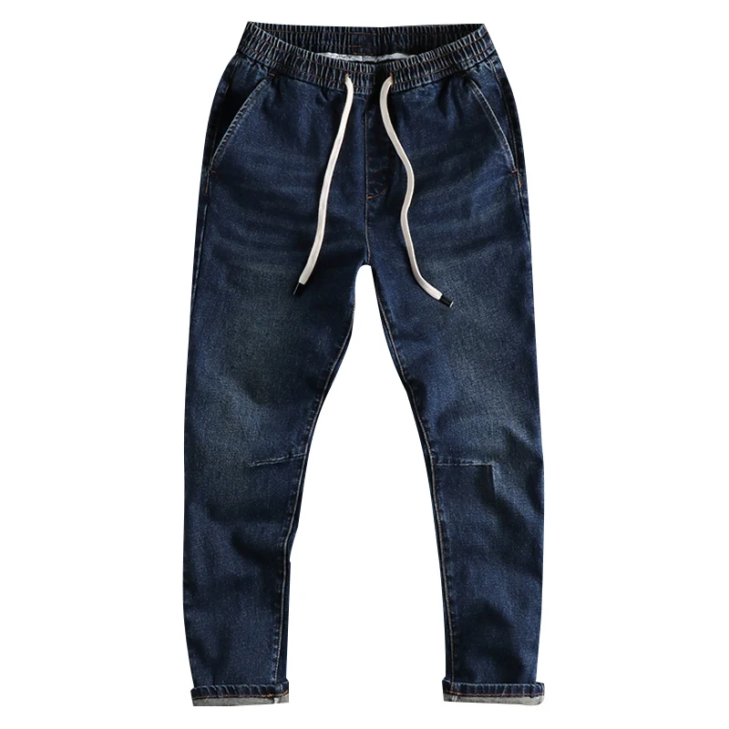 Elastic waist washed nostalgic blue jeans men's stereo cut loose straight feet retro trend youth trousers