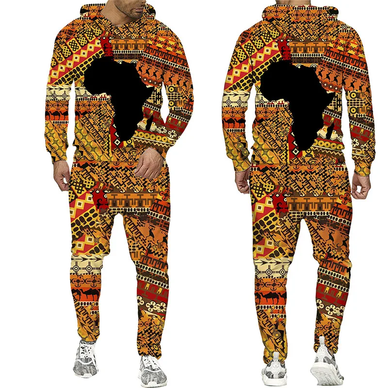 

African Danshiki Folk custom 3d Print Men Women Long Sleeve Hoodies Trousers Suits Tracksuit 2pc Sets Ethnic Style Men Clothes
