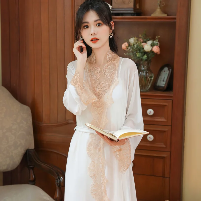 2023 Summer Long-sleeved Nightgown Women's Spring Chest Pad Sling Nightdress Cotton Palace Style Pajamas Home Service Suit