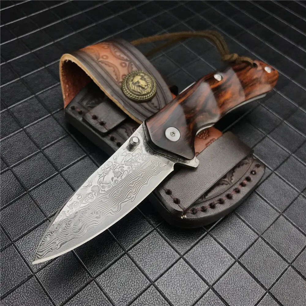 

Outdoor Hunting Knife Wooden Handle Damascus Steel 67 VG-10 Blade Multifunctional EDC Tool Self-Defense Pocket