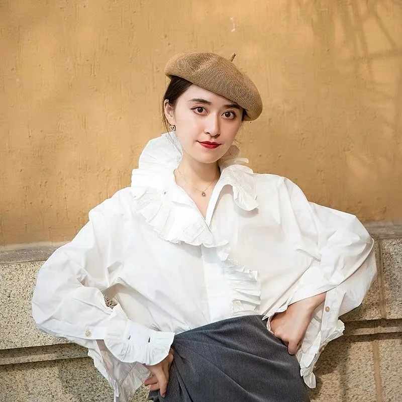 

Hikigawa Autumn Chic Fashion Vintage Blouse Ruffled Neck Solid Elegant Shirt All Match Casual Loose Blusas Tops Mujer De Moda