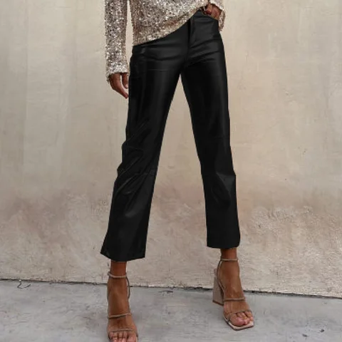 Женские тонкие яркие прямые брюки для ночного клуба, повседневные универсальные уличные брюки на пуговицах, модные однотонные кожаные брюки