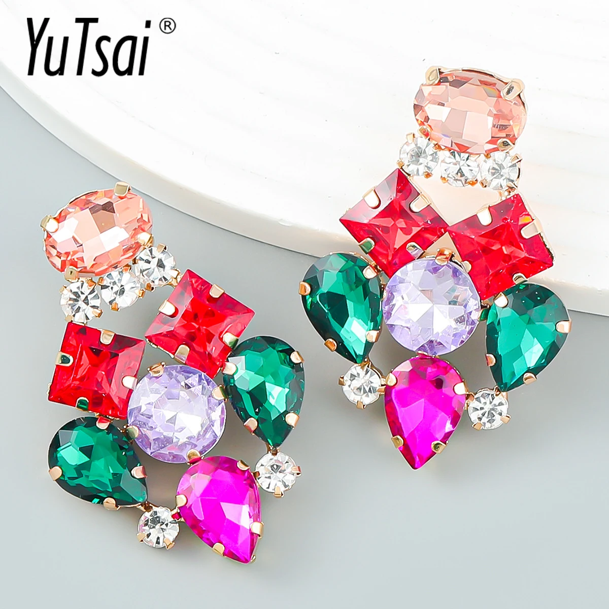 

YUTSAI 4 Color Crystal Geometric Stud Earrings Exaggerated Multicolor Rhinestones Office Party Drop Earring for Women YT1097