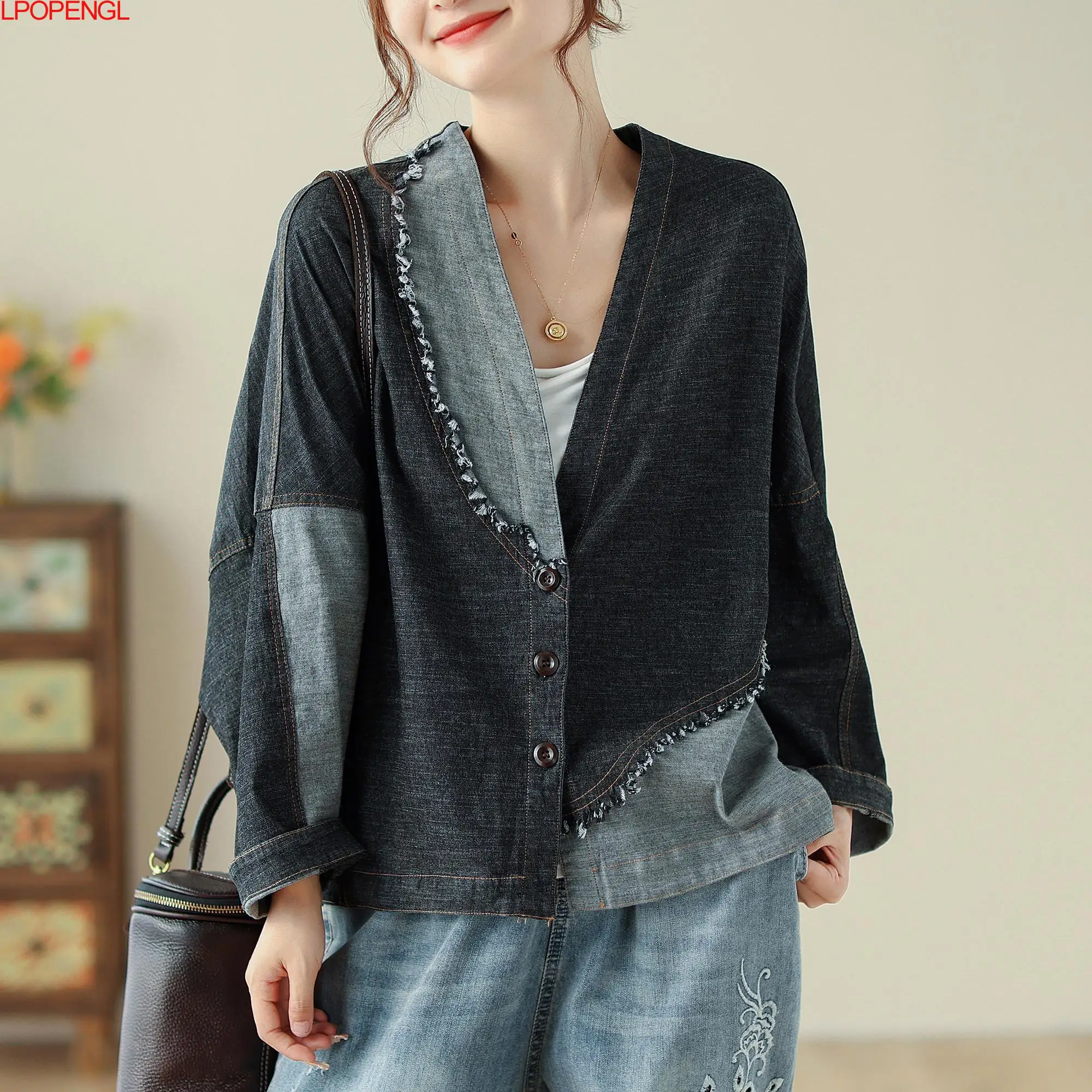 Женская однобортная джинсовая куртка оригинальный винтажный Топ большого