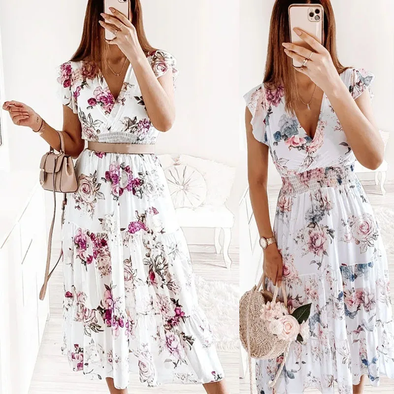 

Summer Ruffle Short Sleeve V-Neck Floral Print Dress Women's Fashion Commuter Elegant Vintage Dresses Vestidos No Belt