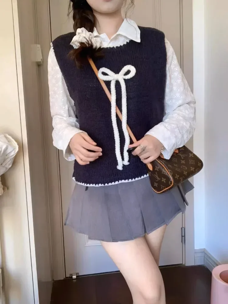 Милый свитер Kimotimo с 3D бантом жилет Женская Осенняя верхняя одежда в стиле преппи