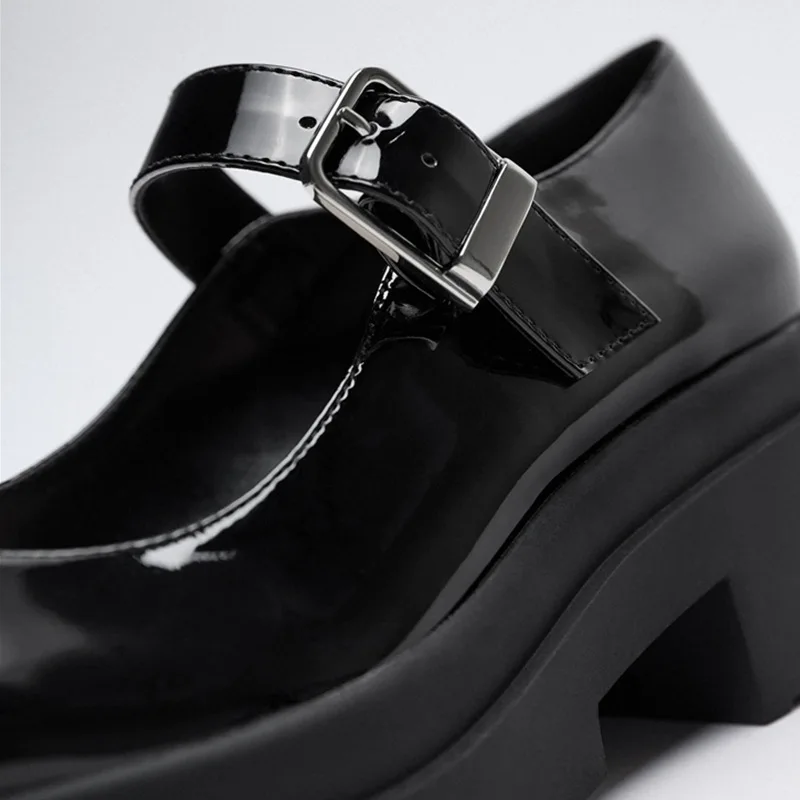 TRAF Black Shoes For Women High Heels Fashion Round Toe Mary Jane Women Patent Faux Leather Student Shoes Platform Girl Heels