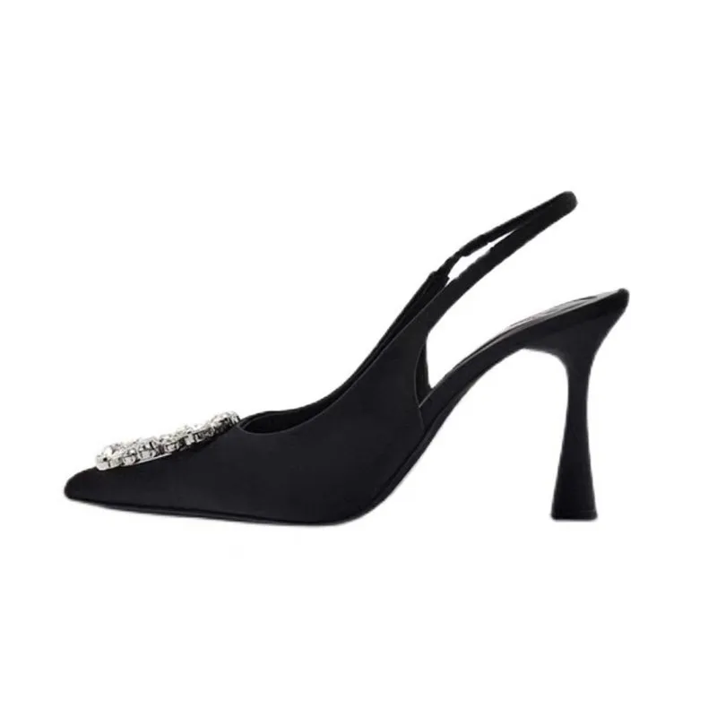 Summer Womens High Heel Shoes Crystal Slingback Pumps Black Pointed Toe Rhinestones Sandals Party Wedding Bride Heels Shoes